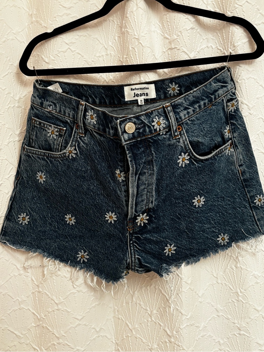 Reformation Dark Blue Daisy Embroidered Denim Cutoff Shorts